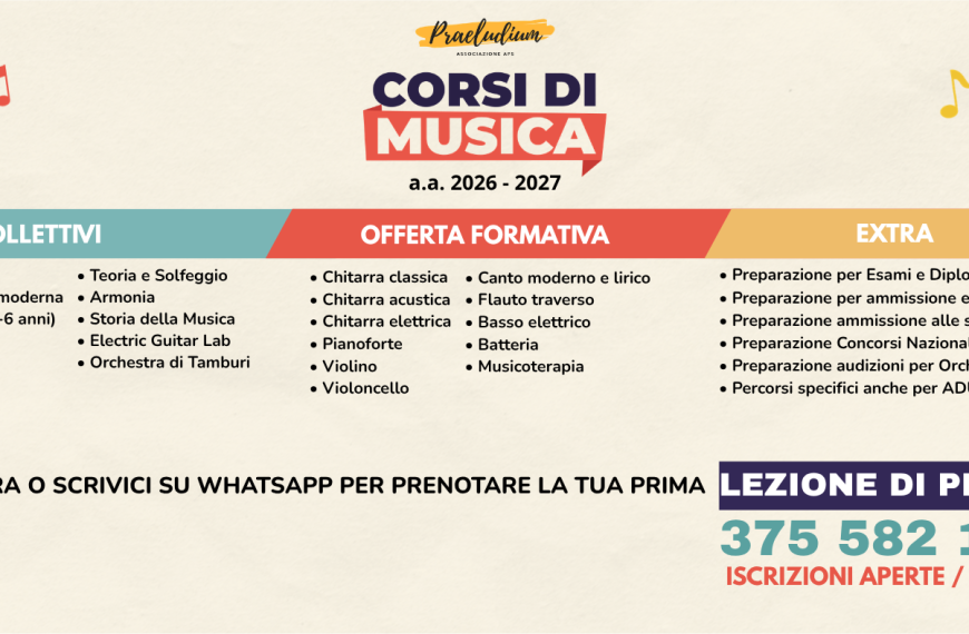Corsi di Musica a Palermo: aperte le iscrizioni Praeludium per l’a.a. 2026/2027